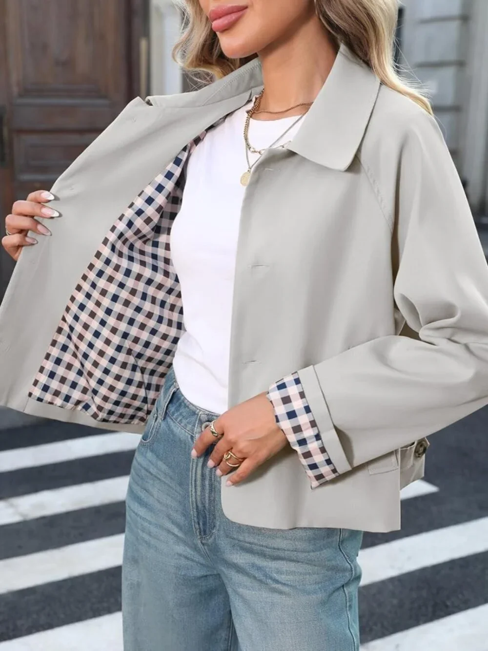 Women's Cropped Trench Coat Spring Fashion Jackets Outfit Single Breasted Beige
